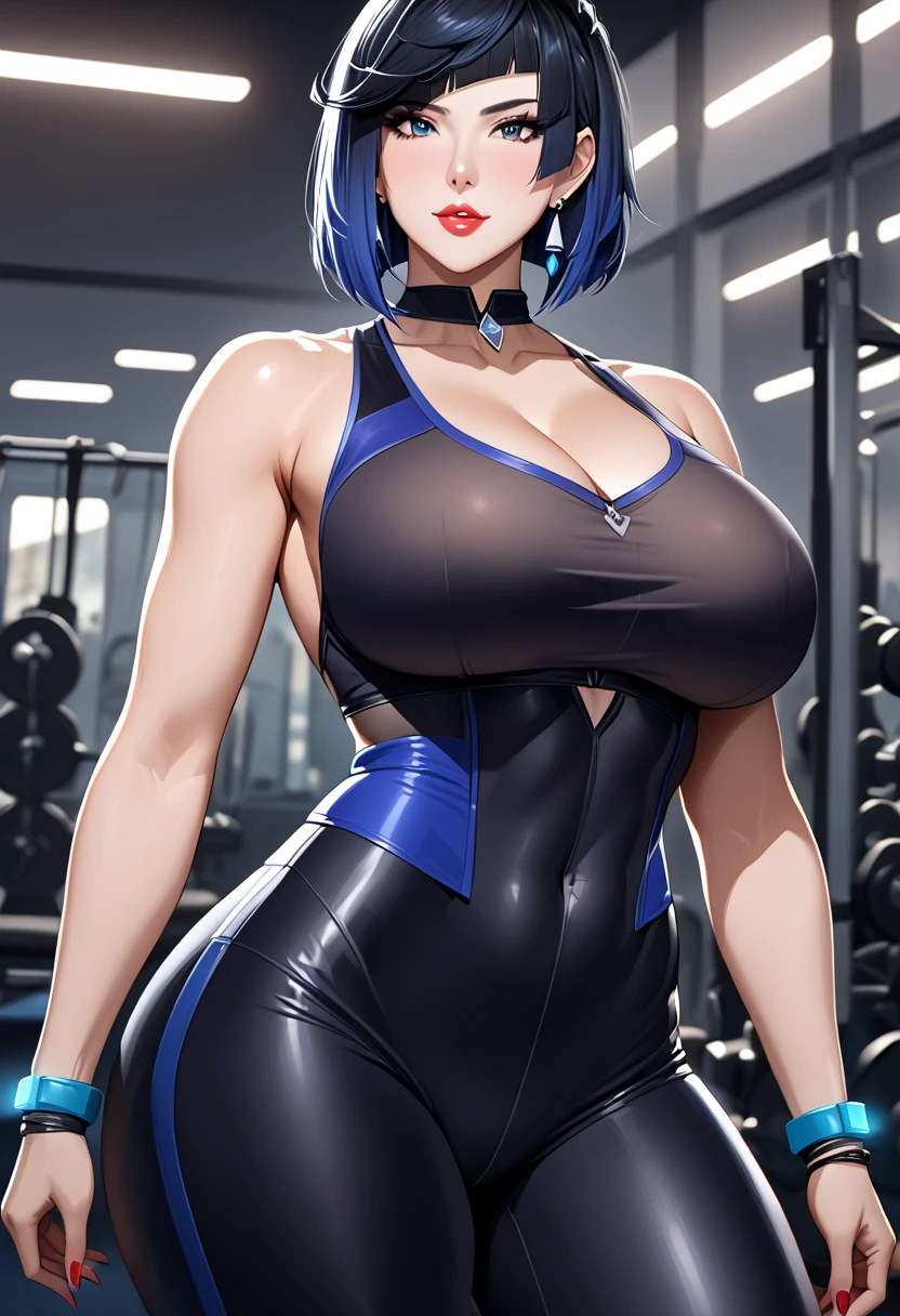 ( masterpiece), ( realistic anime style), (super detailed ), ( definite details), ( perfect super sexy body), Yelan, Awesome MILF, Super beautiful, too sexy,  very huge sexy breasts, Tracero sexy ,  tight sports bra, Leggings, an electric gym