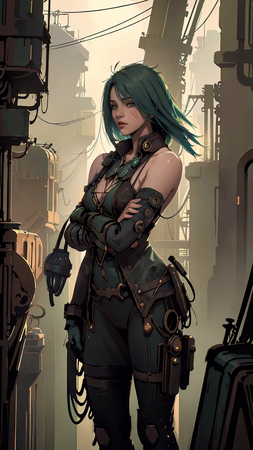The most beautiful and sexy post apocalyptic steampunk girl, blue hair, green eyes, wearing highly detailed steampunk tactical gear, huge gigantic tits, cleavage showing, tons of tattoos and piercings, metal fragments blowing in the wind, post apocalyptic wasteland, highly detailed background, perfect masterpiece, high quality, high resolution