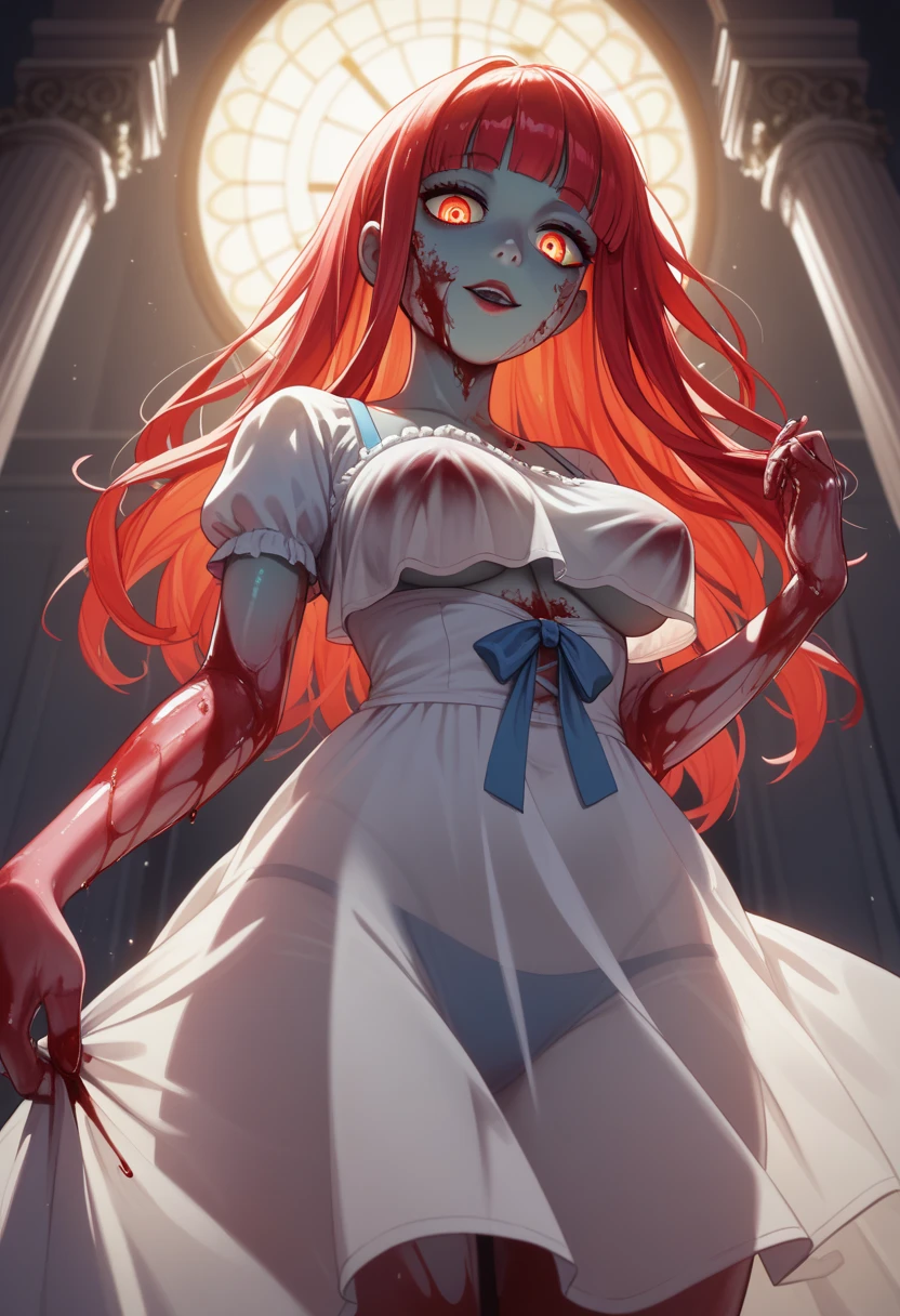 (lifeless eyes and detailed zombie face,masterpiece side lighting,masterpiece,best quality,detailed,high resolution illustration), (depraved topless zombie girl,whole body,sundress,lustrous skin,looking down,looking at viewer), (blood hair,blue eyes,ribbon, sheer clothes), (clothed_underbust:1.2),underboob