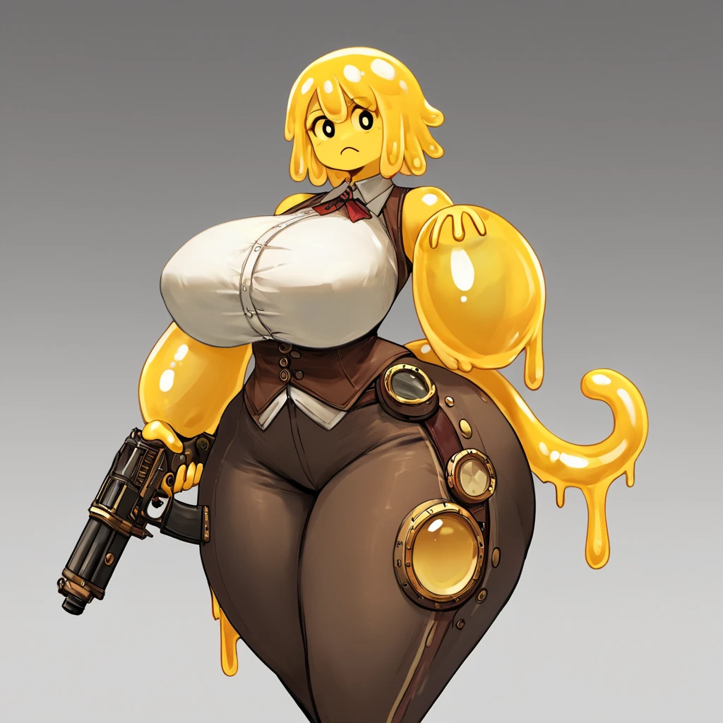 score_9, score_8_up, score_7_up, score_6_up, score_5_up, score_4_up, source_furry, by yboon, cowboy shot BREAK 1girl, thicc, large thighs, large breast, big , big butt, huge hips, wide butt, huge breasts, slime, slime girl, girl is made of slime, yellow slime, medium hair, yellow hair, hair is made of slime, yellow skin, steampunk goggles, steampunk clothing, tight pants, vest, town background, gun