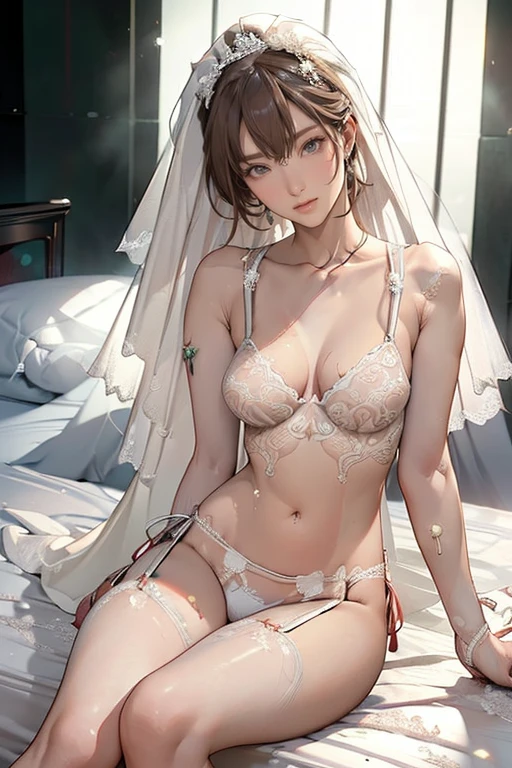 top-quality、Full limbs、complete fingers、(1 beautiful slender woman,Miku Ohashi:1.5),(ideal ratio body proportions:1.5), beautiful detailed face, perfect feminine face,Small and beautiful eyes,Droopy eyes, gray eyes,sweat、Slender beauty、straight haired、(erotic bridal lingerie:1.8 )、(coverd nipples:0.5)、(very skinny beauty:1.5)、cleavage、 White pantyhose、used condom、vulgarity、spoken heart、(tan:1.5)、(show off armpit:-0.0), (sitting on the husband's bed:1.8),(1 husband,body:1.5),