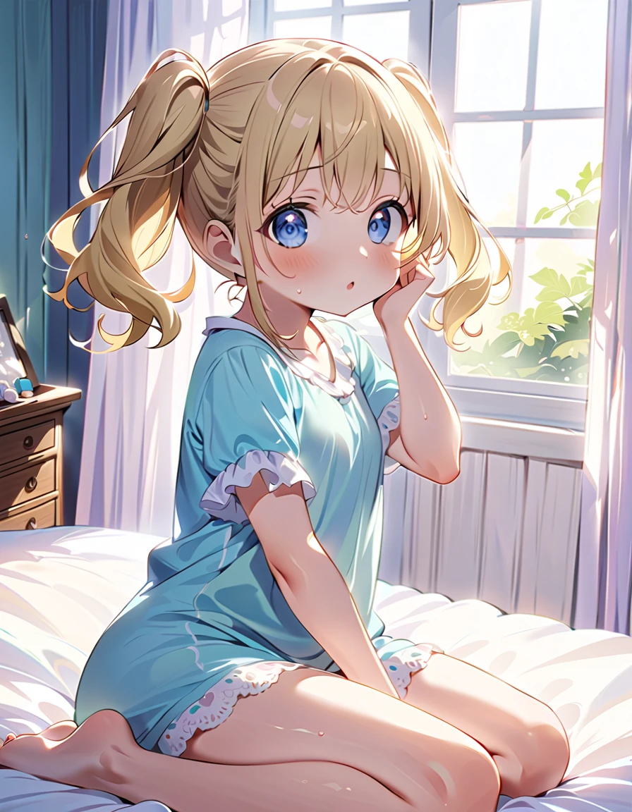 (Masterpiece, top quality, super high quality, super high detail, beautiful hair, beautiful eyes, perfect face, animated illustration),
 girl's room, pretty white based room, morning sun coming through the window, white lace curtains, not wooden room,
 blonde hair with short high twin tails up both sides with slightly curly hair and very Baby-faced, hung-eyed, heterochromatic, blue-eyed, green-eyed, very huge-breasted, 145 cm tall girl wearing only large cute pajamas, sitting on the bed with nothing on her lower body, one eye closed, right hand over her mouth, left arm raised, back arched, Mouth wide open, muzzy effect, bare feet, thighs, sweaty, sweaty underarms, sitting upright with legs open, bottom half of body completely covered, no panties, no bra