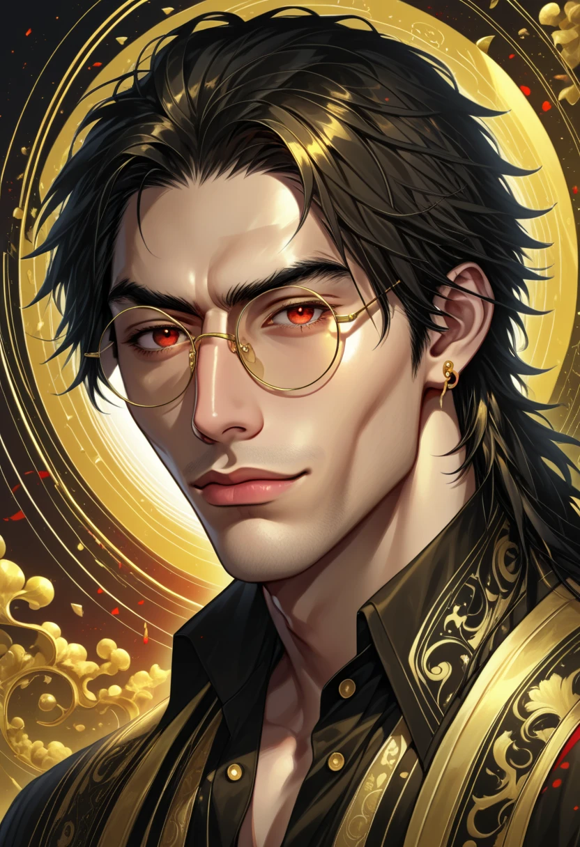 score_9, score_8_up, score_7_up, score_6_up, SkylerWhiteYo,
BREAK
1boy, Solo, red Eyes, black hair, long hair, middle parted hair, black horns, golden round glasses, many golden piercings on ear, unbuttoned shirt, portrait