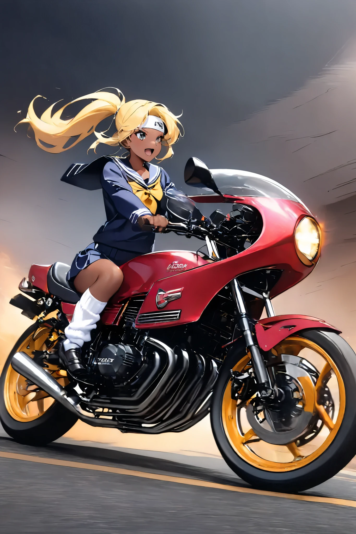 1 high school girl rides a motorcycle tuned to Honda CBX400F cafe racer specifications, a separate handlebars, rocket cowl, sailor suit, loose socks, loafers, glossy brown skin, small breasts, video, Yellow Hair, ponytail, inviting , top quality , Headband、Wooden sword