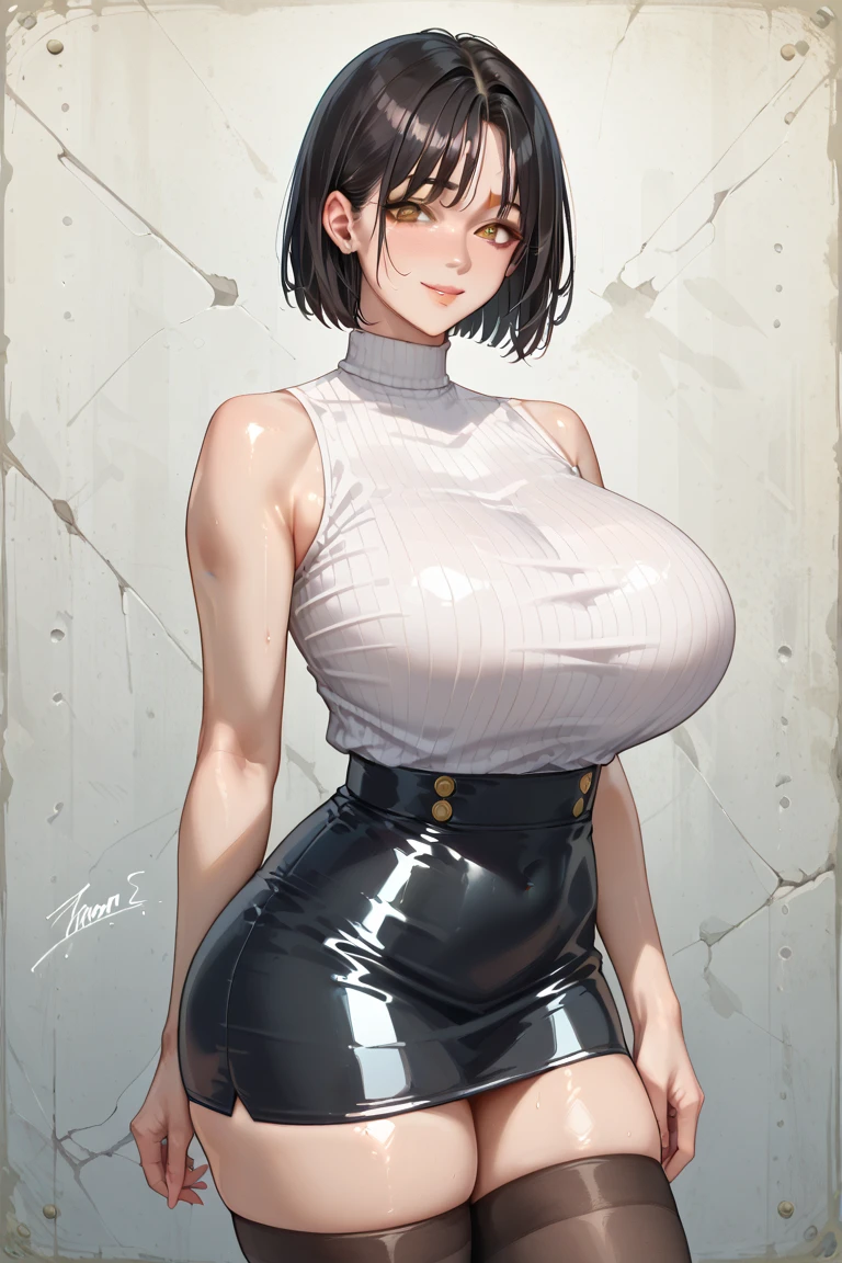  score_9,  score_8_up,  score_7_up, ((Best Quality)) 、(Beautiful face) 、shiny skin　、Black Hair　、Thin Nose　、high nose　、lips　(Split bangs) 、Forehead , Bob Hair 　、Light brown eyes　、Downcast eyes、smile　、huge Breasts:1.5　、 white shirt 　、 sleeveless shirt 　、 black tight skirt　、 stockings 　、(milf) 、 toned body　, viewers ,shiny ,skin