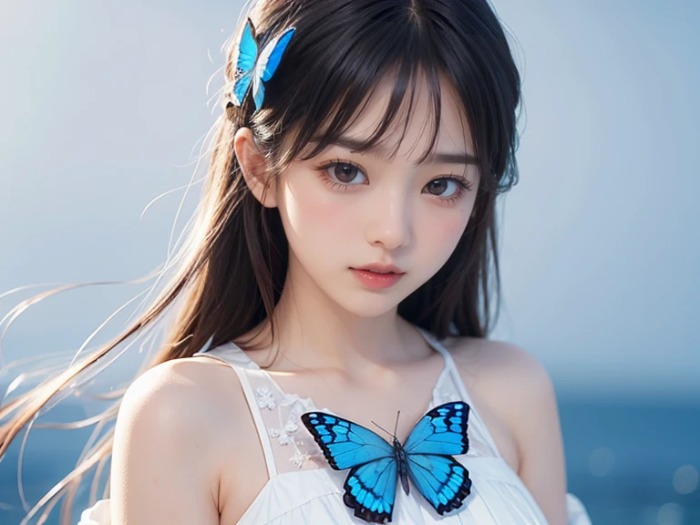 1 Girl, Transparent Water, Blue Butterfly, Pure White Gauze Skirt, Sparkling