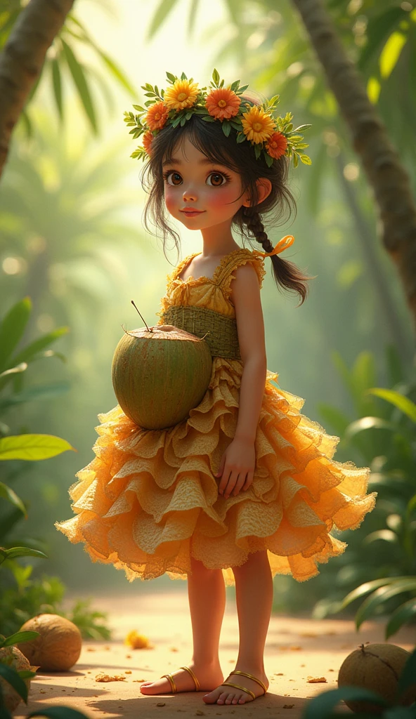 No quintal com piso de terra, There is a girl child with dark hair and brown skin, em um vestido, singing holding a skewer with a green colored lemon in the microphone position. Estilo de pintura super realista