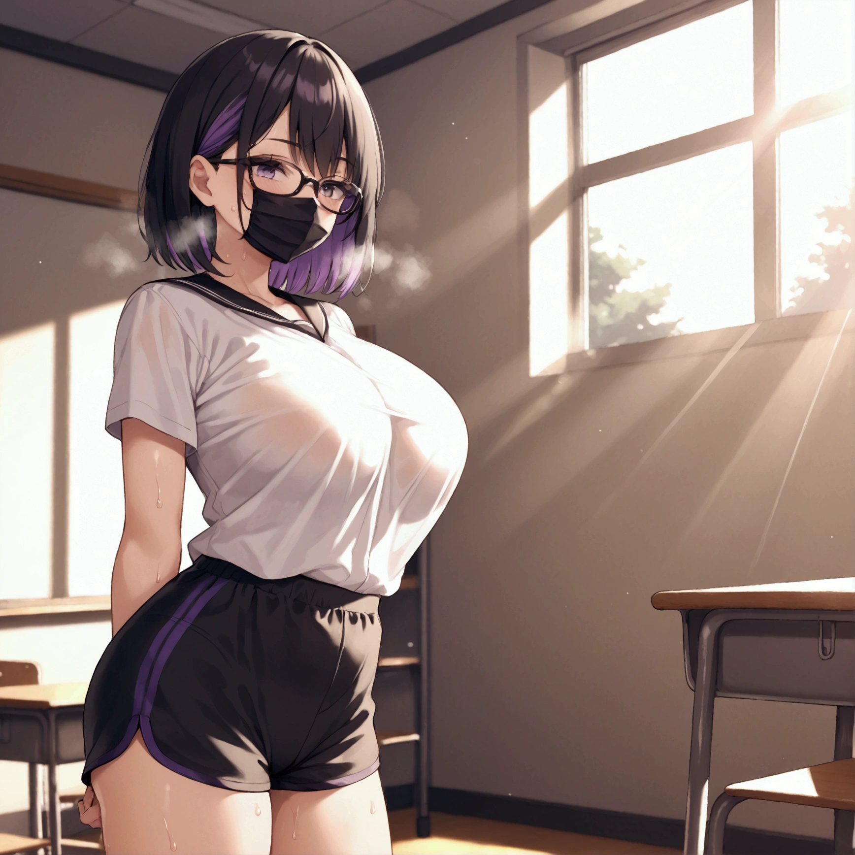 young girl, short black hair, dyed purple under the hair, black glasses, black mask, black eyeliner, white shirt, big breasts, black sports shorts, hands behind, empty classroom, afternoon, sun rays sun, steam, sweat, breath, lewd atmosphere, sexual tension.
