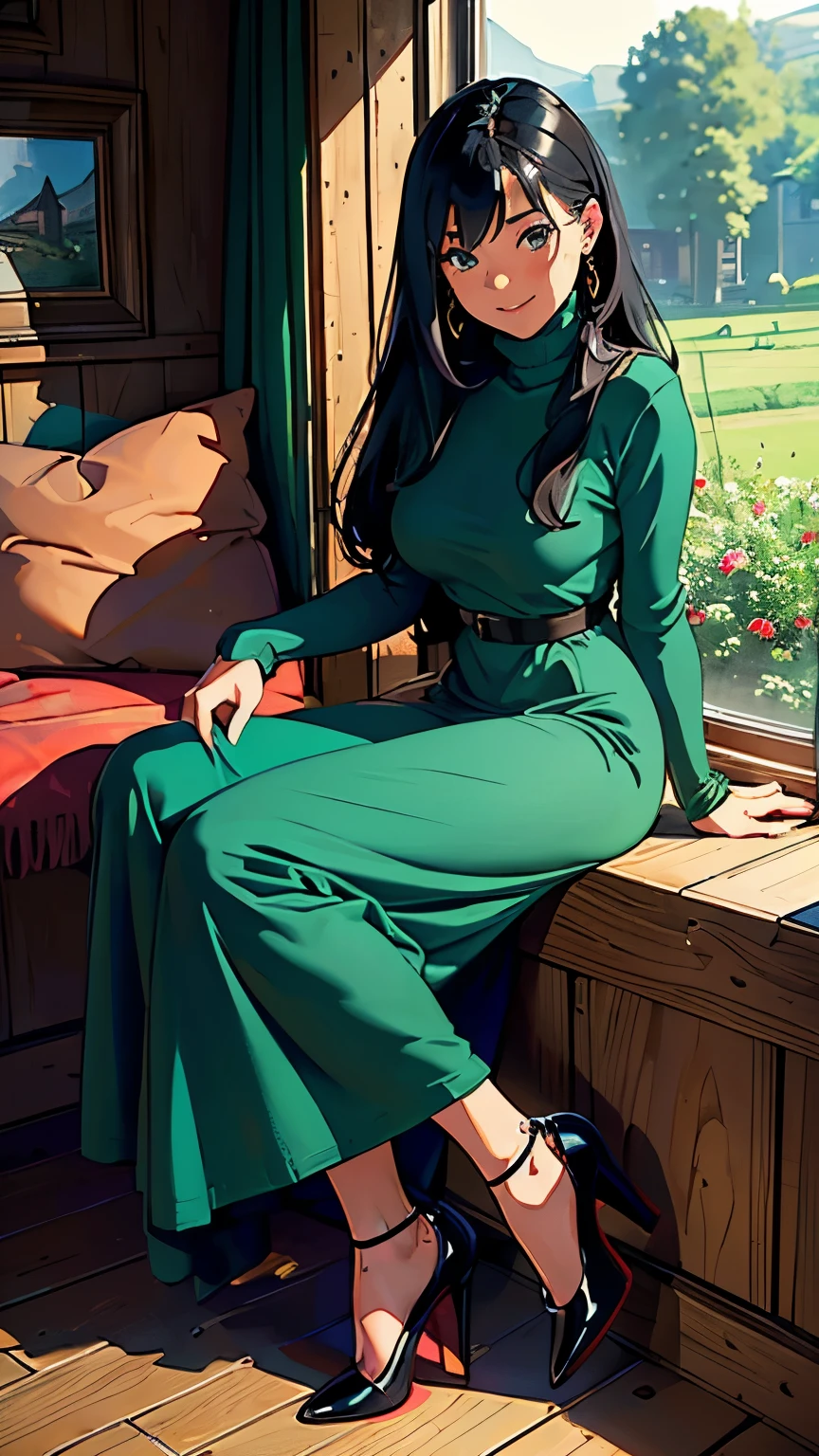 ((masterpiece, high resolution, better quality, better details)), ((Smiling)), ((one girl)) a girl speaking on the phone at a desk, full body, wearing a button-up blouse and wide-leg trousers, ((Louboutin high heels)), visible high heels, green eyes, ((black hair, long hair)), shiny skin, ((side view)), solo, from the side, full body, focus full body, business casual, surrounded by office supplies