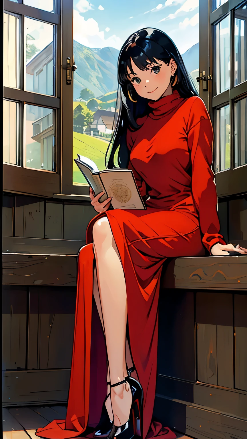 ((masterpiece, high resolution, better quality, better details)), ((Smiling)), ((one girl)) a girl speaking on the phone at a desk, full body, wearing a button-up blouse and wide-leg trousers, ((Louboutin high heels)), visible high heels, green eyes, ((black hair, long hair)), shiny skin, ((side view)), solo, from the side, full body, focus full body, business casual, surrounded by office supplies