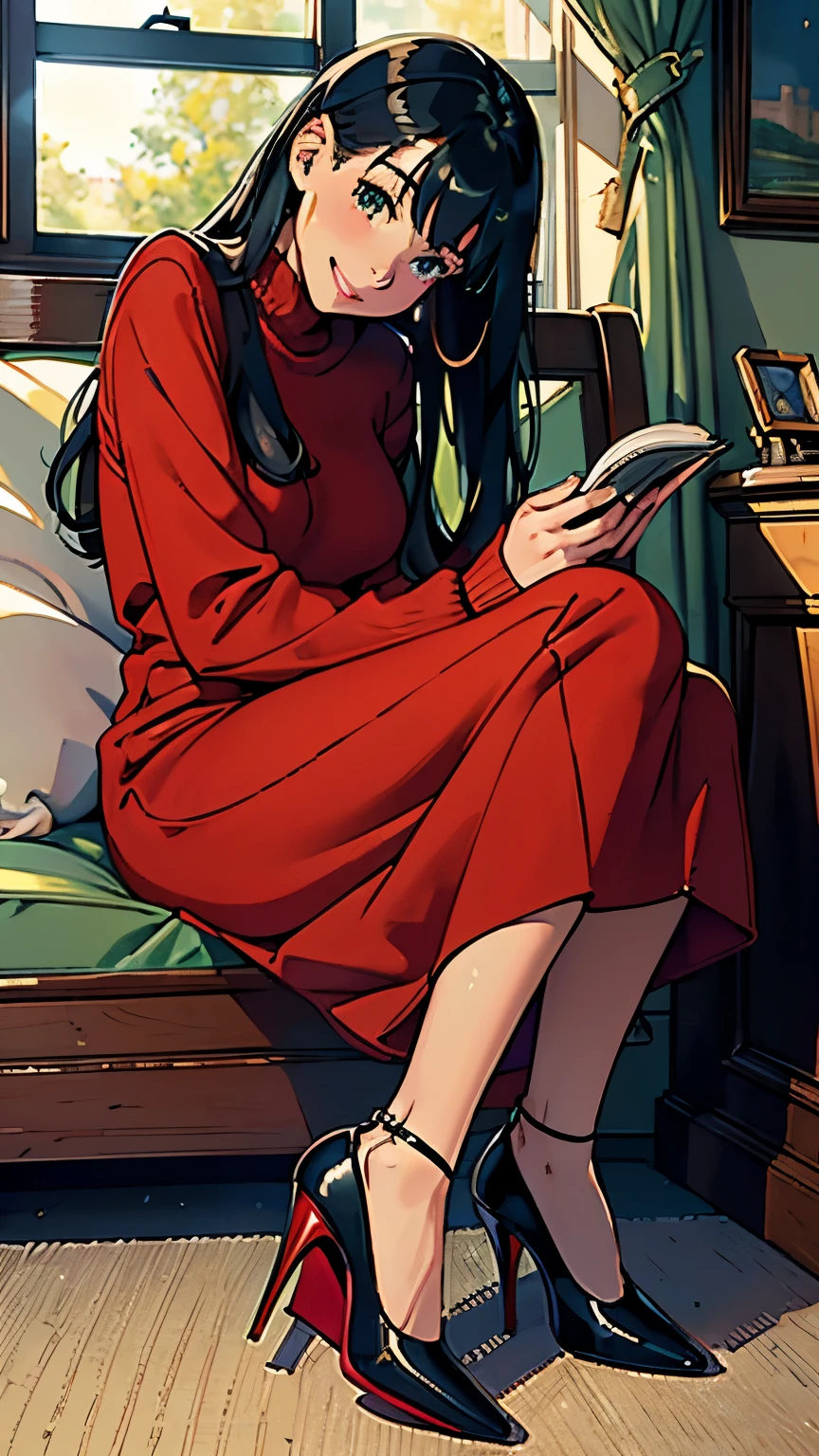 ((masterpiece, high resolution, better quality, better details)), ((Smiling)), ((one girl)) a girl speaking on the phone at a desk, full body, wearing a button-up blouse and wide-leg trousers, ((Louboutin high heels)), visible high heels, green eyes, ((black hair, long hair)), shiny skin, ((side view)), solo, from the side, full body, focus full body, business casual, surrounded by office supplies