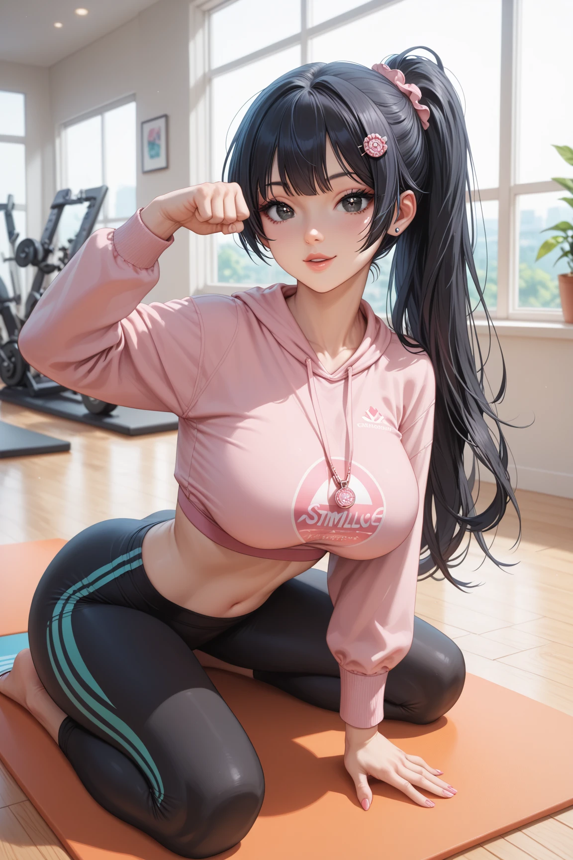 stretching,(Cinematic scene,Fantasy Art,Highest image quality,hyperrealistic portrait,(8K),Ultra-realistic,Best Quality,High quality,High Definition,high quality texture,high detailing,Beautiful detailed,fine detailed,extremely details CG,Detailed texture,realistic representation of face,masutepiece,presence,Dynamic,Bold),1gir,Ultra detailed skin,Curve,,Beautiful breasts,Large breasts,sagging breasts,cleavage,pale skin,pointed breast,Erect nipples,ponytail,(Ultra Thin hair),(Ultra Soft hair),(ultra straight hair),Swept long bangs,very light coppery amber hair,Hair over one eye,gym uniform,in heat,wishful,((love juice,pussy juice,pussy juice stained,sweat:1.2))
