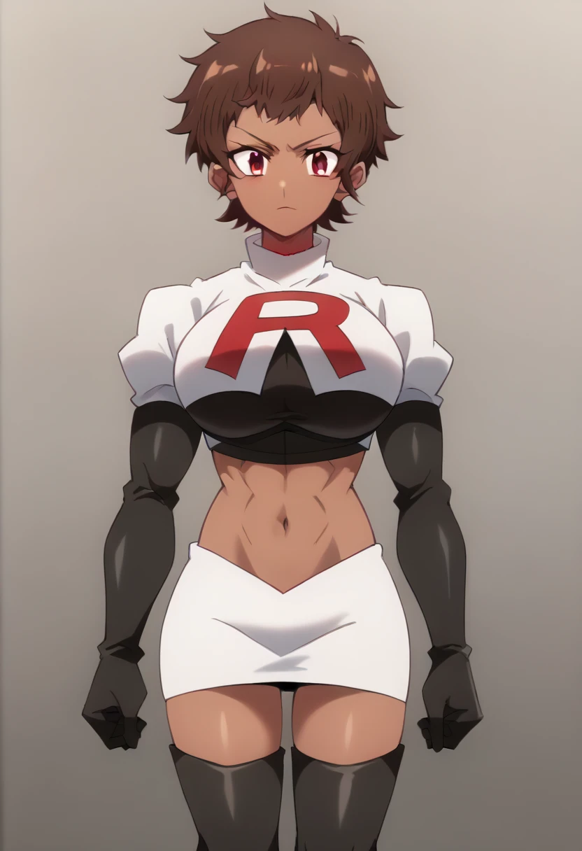 blossom, short hair, brown hair, dark-skinned female, 1girl, red eyes, solo, large breasts, muscular female, looking at viewer, team rocket,team rocket uniform,white skirt,red letter R,crop top,black thigh-highs,black elbow gloves, score_9, score_7_up,anime coloring ,source_anime, anime