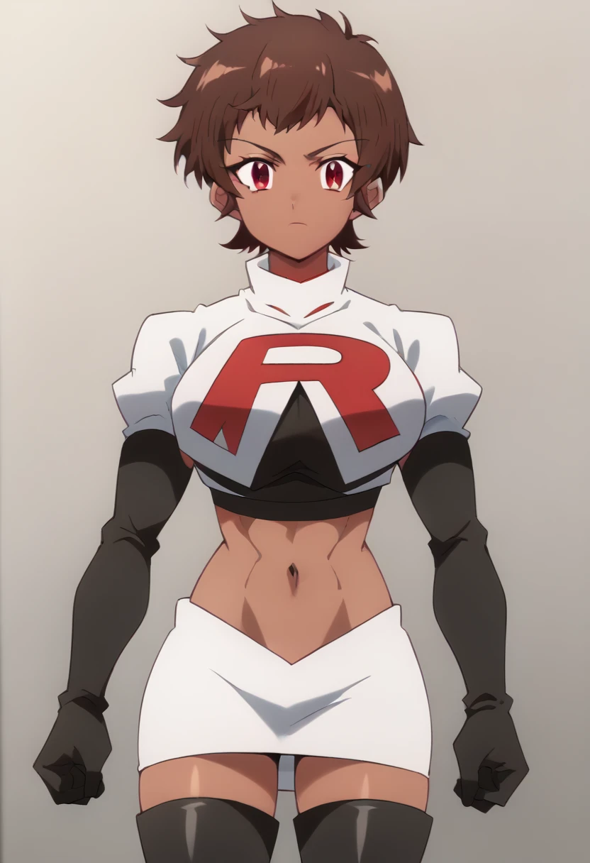 blossom, short hair, brown hair, dark-skinned female, 1girl, red eyes, solo, large breasts, muscular female, looking at viewer, team rocket,team rocket uniform,white skirt,red letter R,crop top,black thigh-highs,black elbow gloves, score_9, score_7_up,anime coloring ,source_anime, anime