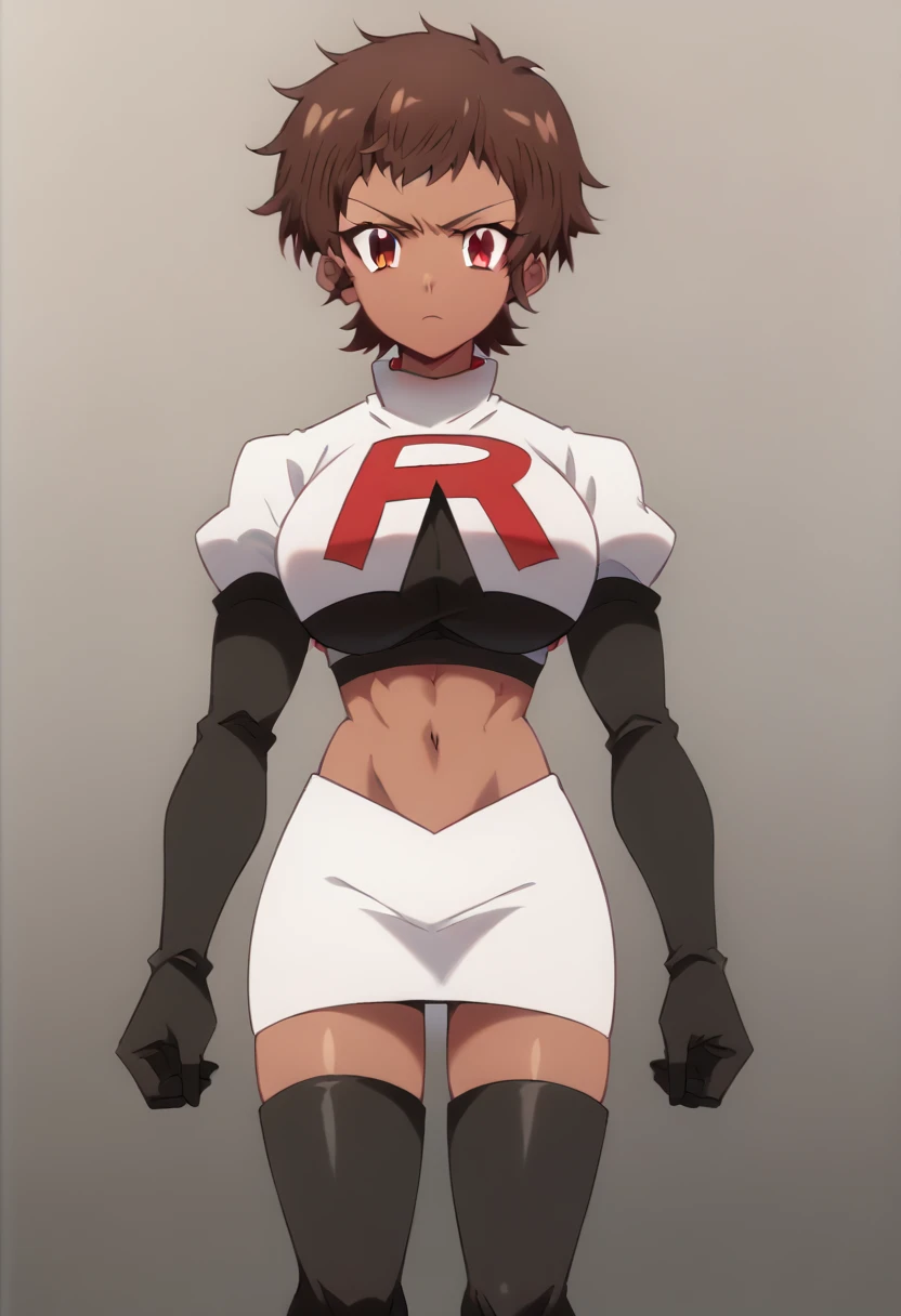 blossom, short hair, brown hair, dark-skinned female, 1girl, red eyes, solo, large breasts, muscular female, looking at viewer, team rocket,team rocket uniform,white skirt,red letter R,crop top,black thigh-highs,black elbow gloves, score_9, score_7_up,anime coloring ,source_anime, anime