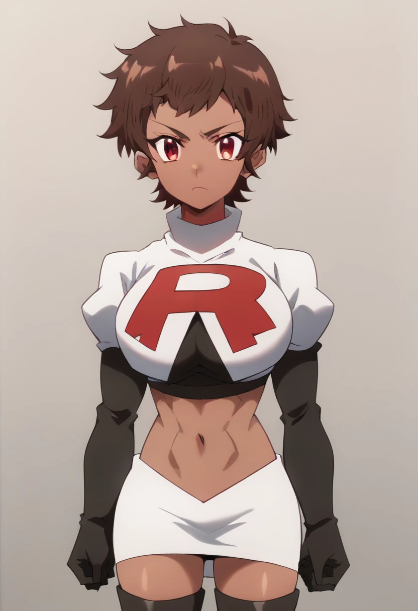 blossom, short hair, brown hair, dark-skinned female, 1girl, red eyes, solo, large breasts, muscular female, looking at viewer, team rocket,team rocket uniform,white skirt,red letter R,crop top,black thigh-highs,black elbow gloves, score_9, score_7_up,anime coloring ,source_anime, anime