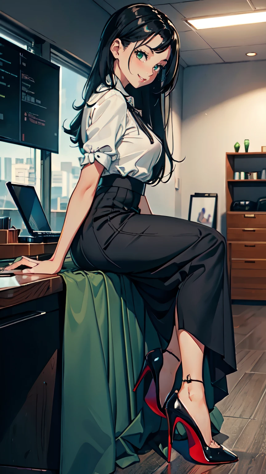 ((masterpiece, high resolution, better quality, better details)), ((Smiling)), ((one girl)) a girl speaking on the phone at a desk, full body, wearing a button-up blouse and wide-leg trousers, ((Louboutin high heels)), visible high heels, green eyes, ((black hair, long hair)), shiny skin, ((side view)), solo, from the side, full body, focus full body, business casual, surrounded by office supplies