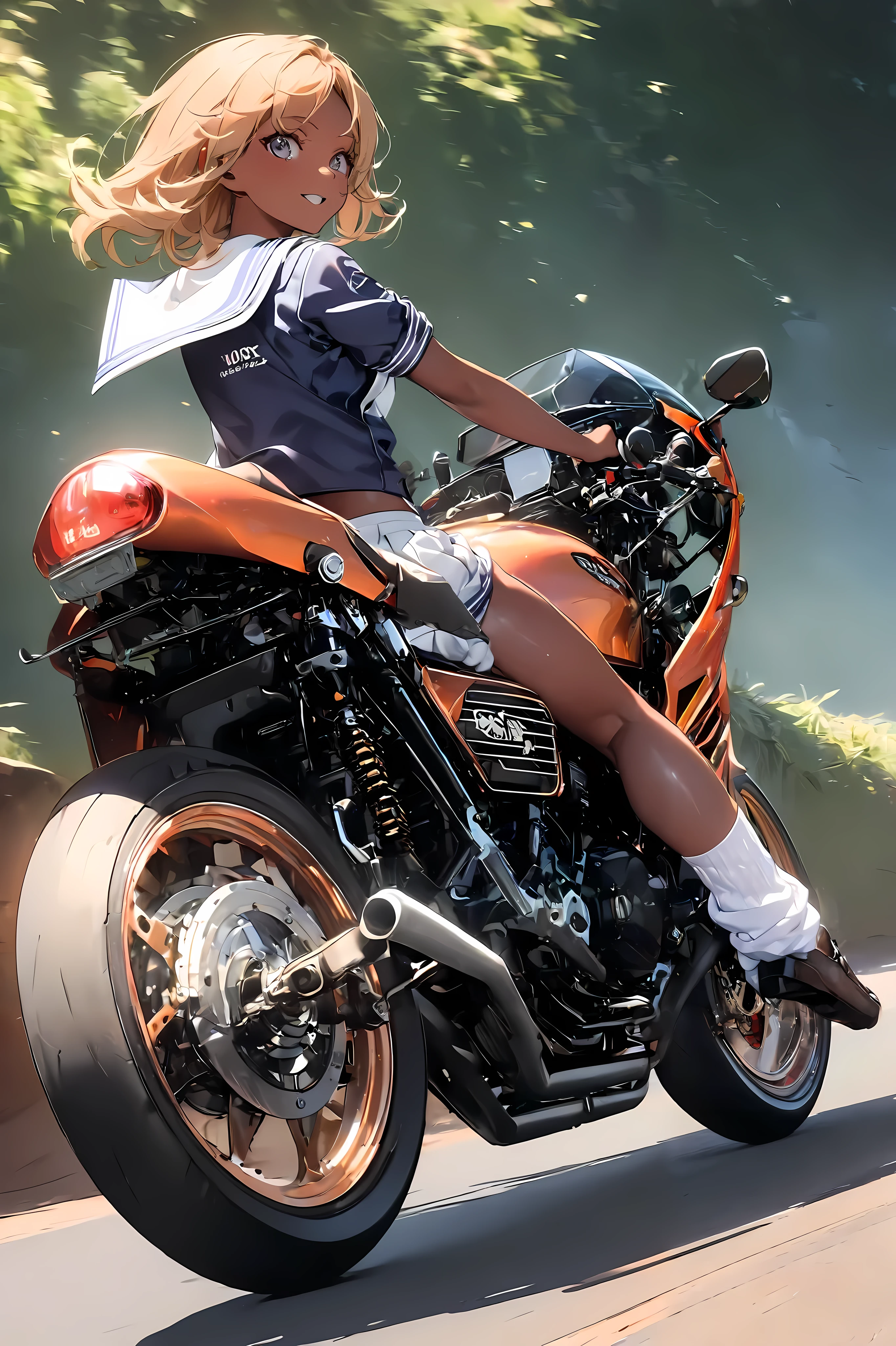 1 high school girl rides a motorcycle tuned to Honda CBX400F cafe racer specifications, a separate handlebars, rocket cowl, sailor suit, loose socks, loafers, glossy brown skin, small breasts, video,   inviting ,  top quality , 