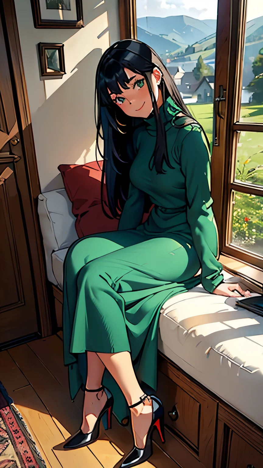 ((masterpiece, high resolution, better quality, better details)), ((Smiling)), ((one girl)) a girl speaking on the phone at a desk, full body, wearing a button-up blouse and wide-leg trousers, ((Louboutin high heels)), visible high heels, green eyes, ((black hair, long hair)), shiny skin, ((side view)), solo, from the side, full body, focus full body, business casual, surrounded by office supplies