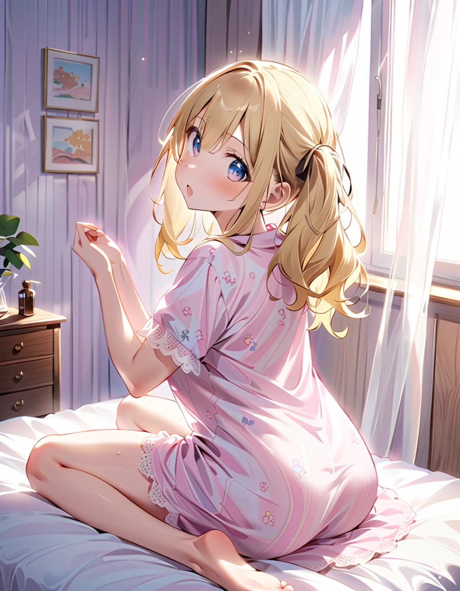 (Masterpiece, top quality, super high quality, super high detail, beautiful hair, beautiful eyes, perfect face, animated illustration),
 girl's room, pretty white based room, morning sun coming through the window, white lace curtains, not wooden room,
 blonde hair with slightly curly hair, short high twin tails up both sides, very ish face, hanging A girl of 145cm height with slightly curly hair, short high twin-tail, blonde hair, very ish face, up on both sides, short high twin-tail, heterochromia, blue eye, green eye, very huge breasts, sitting on the bed wearing only large cute pajamas and nothing on her lower body, one eye closed, right hand over her mouth, left arm up, back turned, mouth wide open, munching and squirming, a little bit of a mess. She is wearing a big, pretty pajama, one hand closed, left arm raised, back arched, mouth wide open, squishy effect, bare feet, thighs, sweaty, sweaty underarms, sitting upright with legs open, bottom half of body completely covered, no panties, no bra.