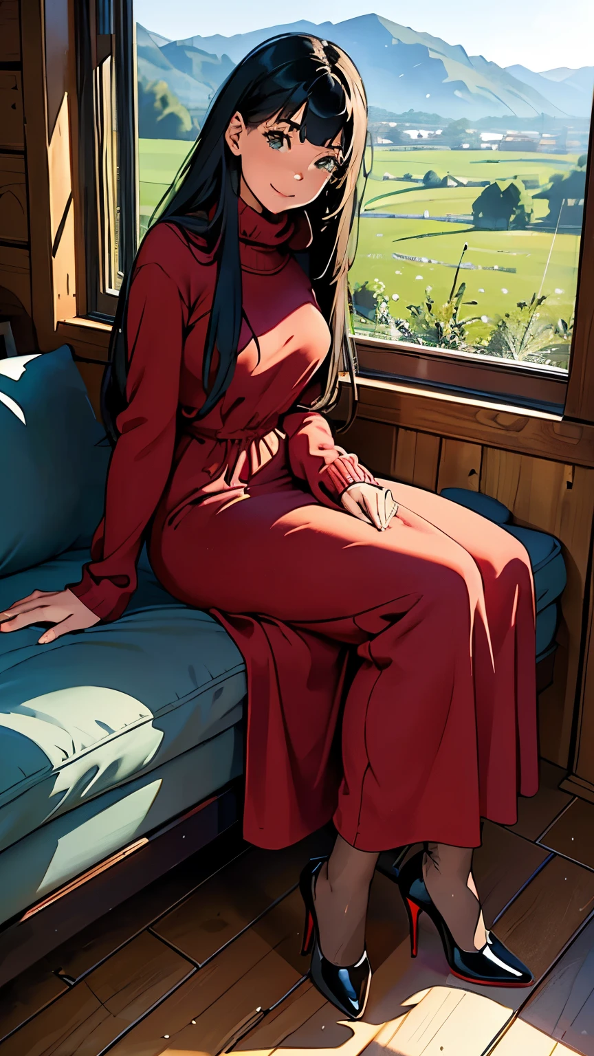 ((masterpiece, high resolution, better quality, better details)), ((Smiling)), ((one girl)) a girl speaking on the phone at a desk, full body, wearing a button-up blouse and wide-leg trousers, ((Louboutin high heels)), visible high heels, green eyes, ((black hair, long hair)), shiny skin, ((side view)), solo, from the side, full body, focus full body, business casual, surrounded by office supplies