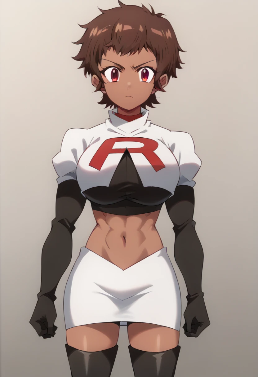 blossom, short hair, brown hair, dark-skinned female, 1girl, red eyes, solo, large breasts, muscular female, looking at viewer, team rocket,team rocket uniform,white skirt,red letter R,crop top,black thigh-highs,black elbow gloves, score_9, score_7_up,anime coloring ,source_anime, anime