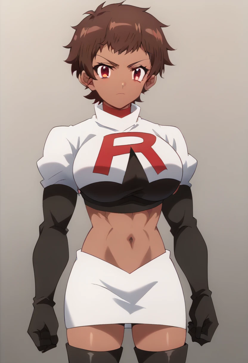 blossom, short hair, brown hair, dark-skinned female, 1girl, red eyes, solo, large breasts, muscular female, looking at viewer, team rocket,team rocket uniform,white skirt,red letter R,crop top,black thigh-highs,black elbow gloves, score_9, score_7_up,anime coloring ,source_anime, anime