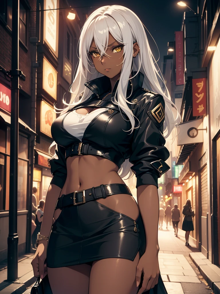 (​masterpiece, top-quality, hight resolution, Unity 8k, extremely details CG:1,Best Picture), ((((upper body)))), ramlethalms, 1girl, Grey hair, yellow eyes,((((dark skin)))), A seductive woman dressed as a street prostitute standing beside a man, both in a dimly lit alley at night, the woman wearing revealing and fashionable clothing designed to attract attention, such as a short skirt, high heels, and a tight top, the man wearing casual and plain clothing, the woman looking confident and slightly playful as if teasing the man after their agreement, urban nightlife atmosphere, warm lighting, realistic details, focus on their body language and expressions, cinematic composition
