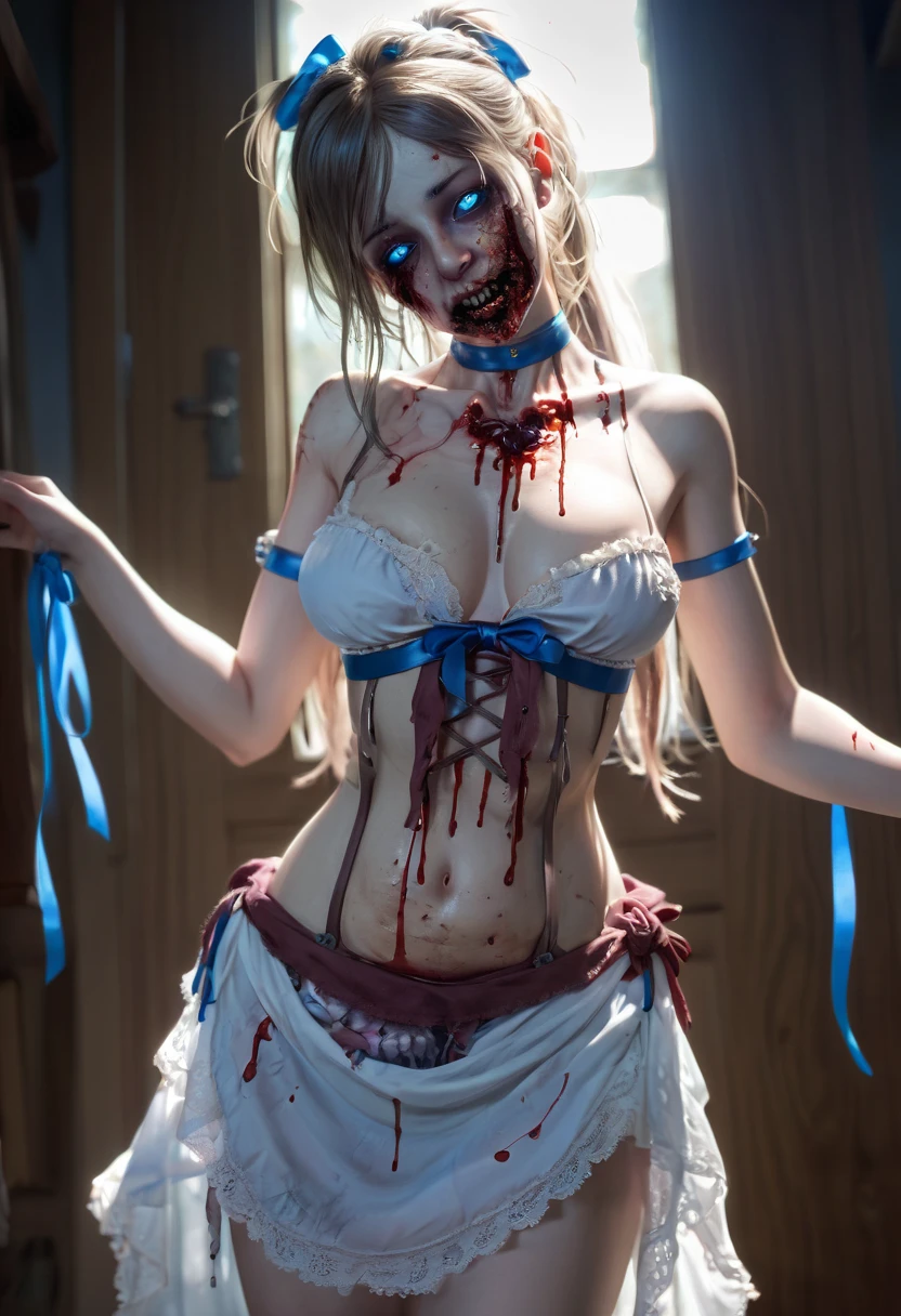 (front/standing/full-body photo:2), (one/woman/zombie:1.9), (large breasts:1.9), (body with several deep wounds/exposed bones:1.6), wearing a half-transparent black silk maid's outfit all torn, extremely tight clothing on her body, white maid's headdress on her head, no skirt, she is inside a graveyard at night with fog and a full moon in the sky, she has extremely pale skin, green eyes, rainbow hair, (doing sensual pose for the viewer:1.5), is smiling, is staring at the viewer, anime style, 16k, UHD, masterpiece, high quality, high details, textured skin