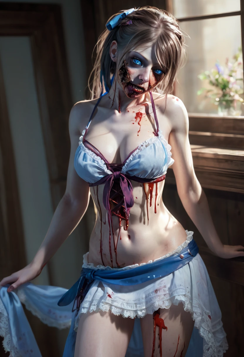 (finely detailed beautiful eyes and detailed zombie face,masterpiece sidelighting,masterpiece,best quality,detailed,high resolution illustration),, (depraved topless zombie girl,whole body,sundress,lustrous skin,looking down,looking at viewer),, (blood hair,blue eyes,ribbon, sheer clothes), (clothed_underbust:1.2),underboob