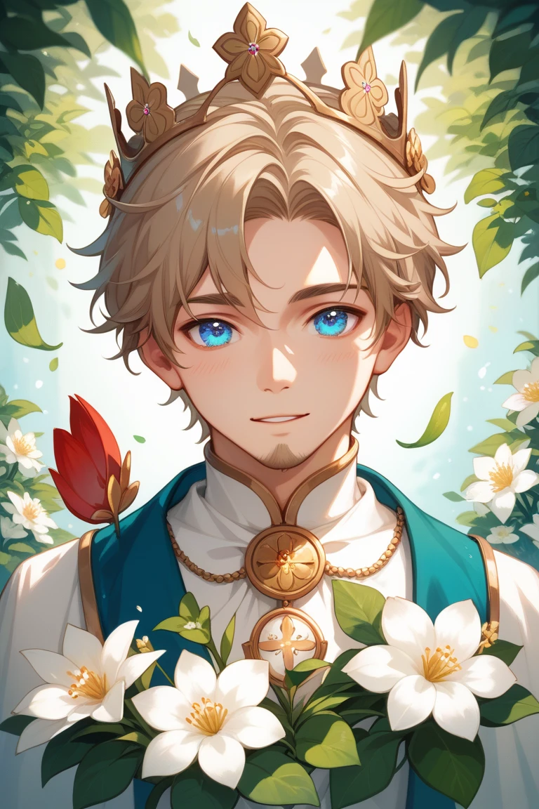 The image depicts a portrayal of Jesus with a radiant and joyful expression. He has long, light brown hair, a beard, and striking blue eyes. A crown of flowers, featuring white blossoms and green leaves, adorns His head, symbolizing peace and purity. He is gently holding a lamb in His arms, symbolizing care, compassion, and His role as the Good Shepherd. The background is illuminated with a soft, glowing light, suggesting a serene and heavenly atmosphere. The overall image conveys warmth, happiness, and a sense of divine presence.