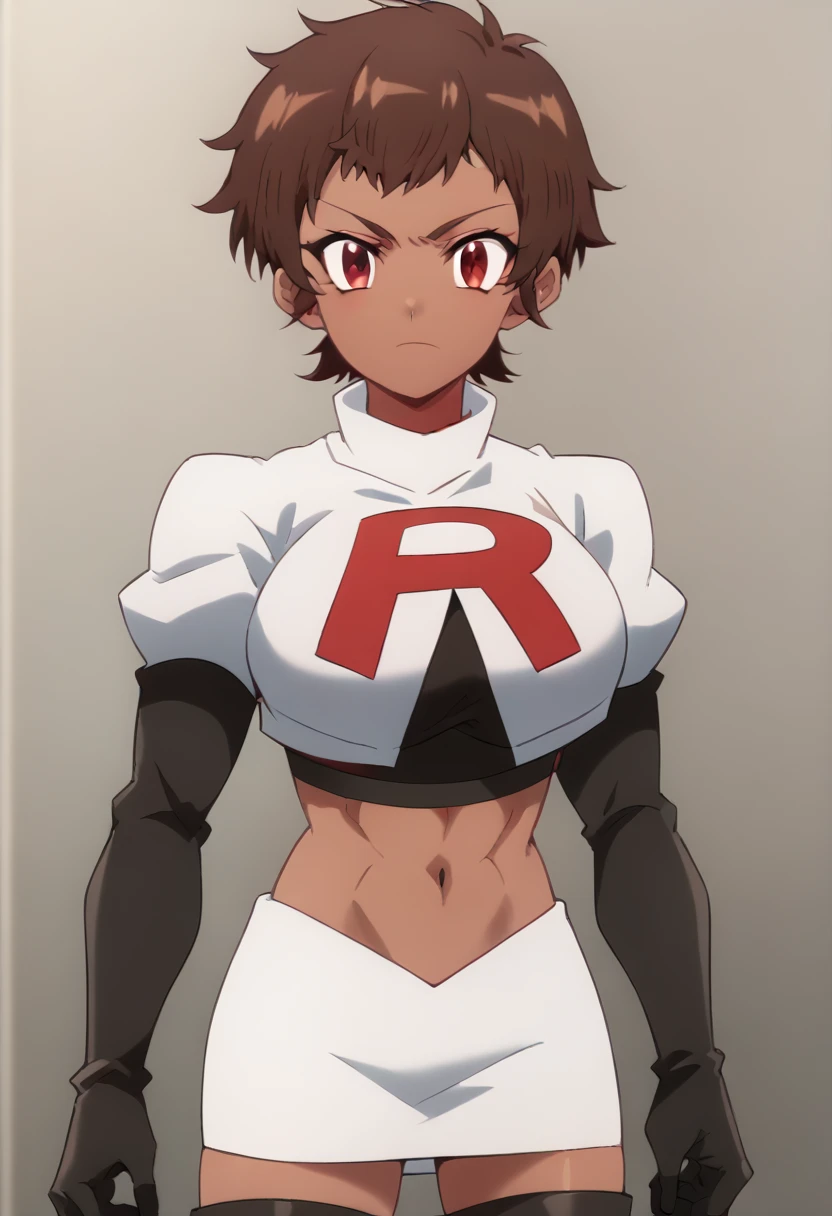 blossom, short hair, brown hair, dark-skinned female, 1girl, red eyes, solo, large breasts, muscular female, looking at viewer, team rocket,team rocket uniform,white skirt,red letter R,crop top,black thigh-highs,black elbow gloves, score_9, score_7_up,anime coloring ,source_anime, anime