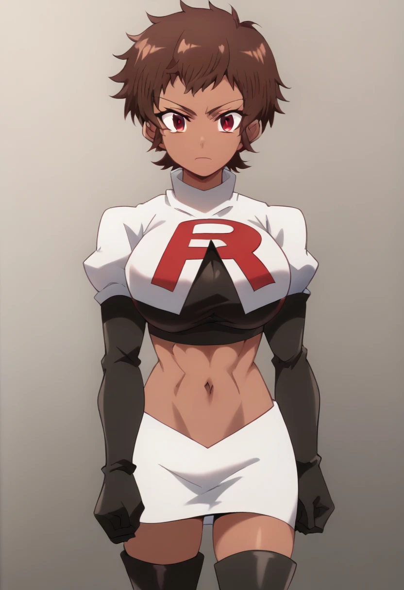 blossom, short hair, brown hair, dark-skinned female, 1girl, red eyes, solo, large breasts, muscular female, looking at viewer, team rocket,team rocket uniform,white skirt,red letter R,crop top,black thigh-highs,black elbow gloves, score_9, score_7_up,anime coloring ,source_anime, anime