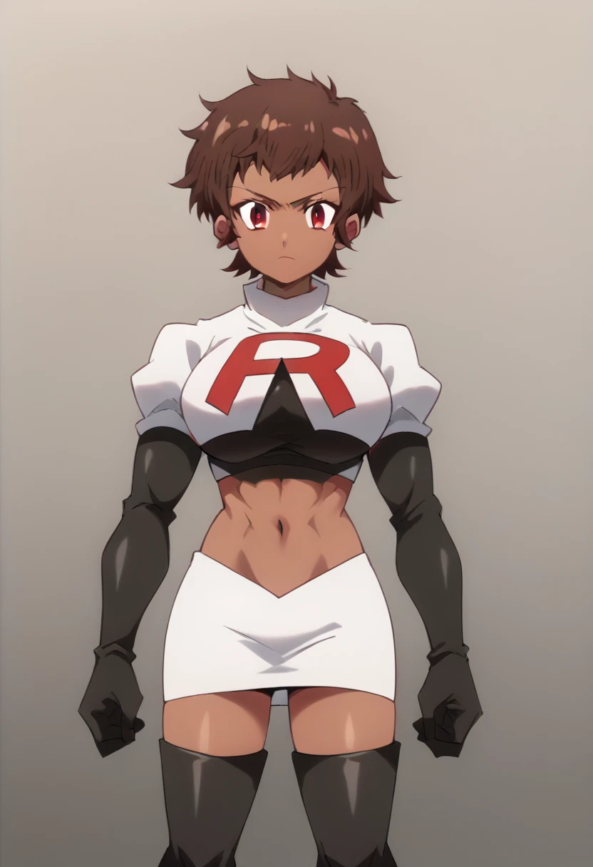 blossom, short hair, brown hair, dark-skinned female, 1girl, red eyes, solo, large breasts, muscular female, looking at viewer, team rocket,team rocket uniform,white skirt,red letter R,crop top,black thigh-highs,black elbow gloves, score_9, score_7_up,anime coloring ,source_anime, anime