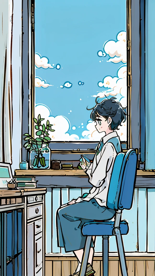 Classrooms with neat desks and chairs，（Look from the bottom up），There are blue skies and white clouds outside the window and buildings in the distance，（The sky outside the window occupies the top half of the picture（1：1））Sunlight is projected through the windows，1boy sat at his desk and propped his cheeks in thought，ultra - detailed，Anime comic style