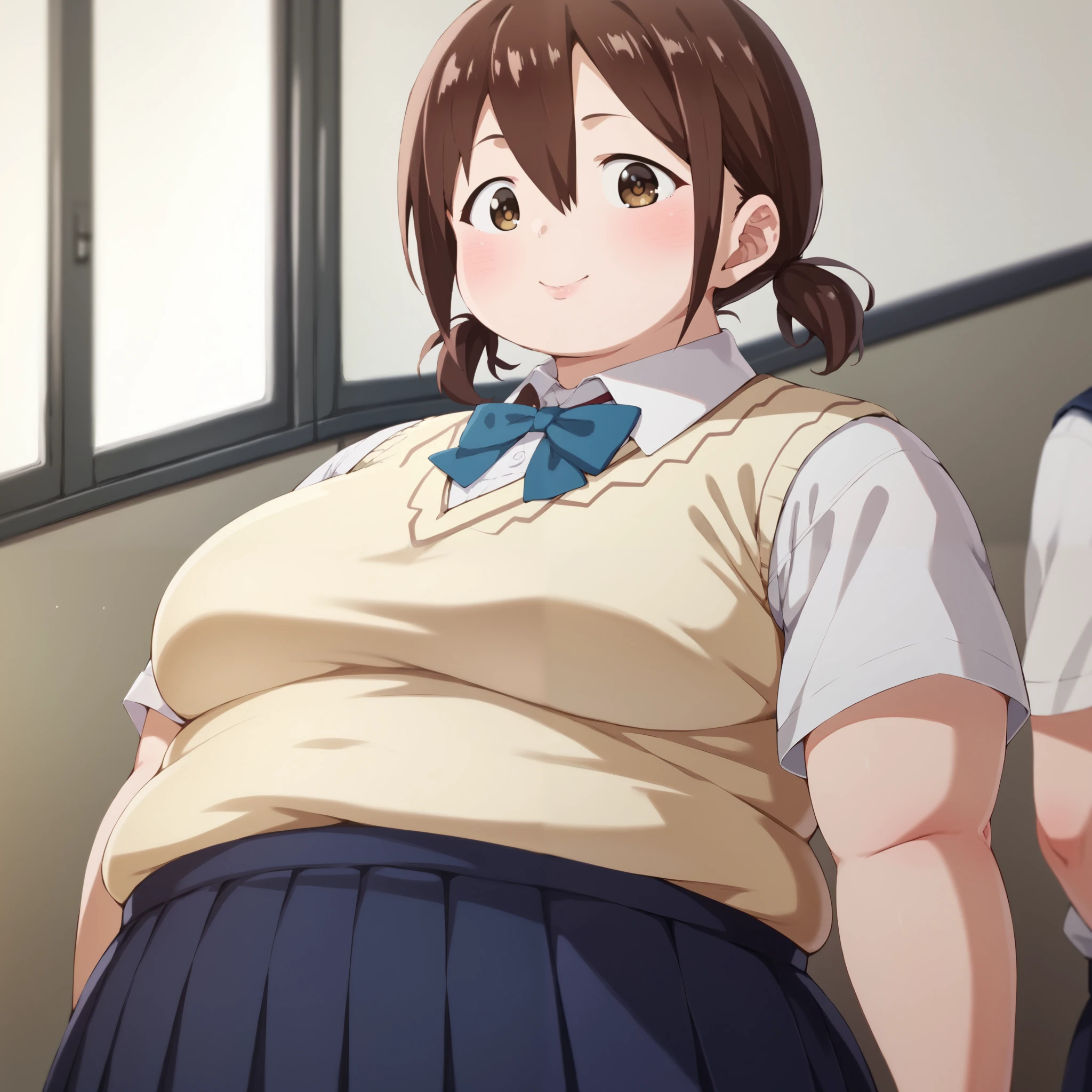 honoka hara, short hair, brown hair, hair between eyes, twintails, brown eyes, low twintails, short twintails, plump,
skirt, shirt, school uniform, white shirt, short sleeves, pleated skirt, collared shirt, blue skirt, sweater vest, fat, chubby, obese 