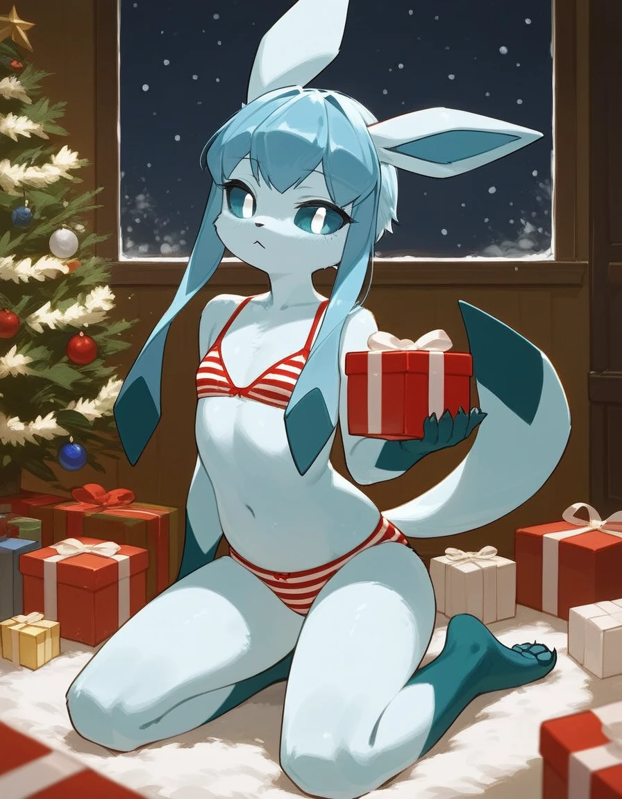 alone, score_9,score_8_up,score_7_up, rating_safe, anthro female glaceon, blue sclera, white eyes, red striped bra, red striped panties, flat chest, kneeling, indoors, christmas tree, snowing, night, holding a gift box.