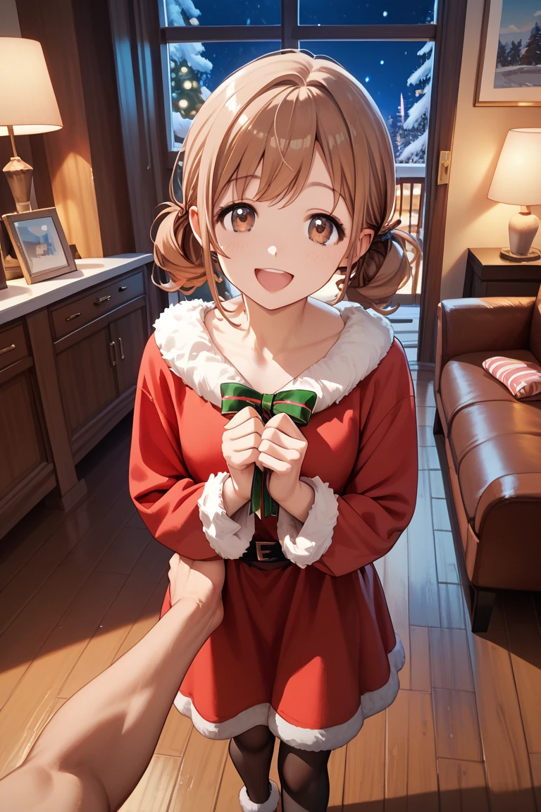 (masterpiece), (best quality), (high resolution), 1boy, 1girl, (mano sakuragi), pov, living room, night, happy, brown hair, brown eyes, open mouth, santa costume, standing