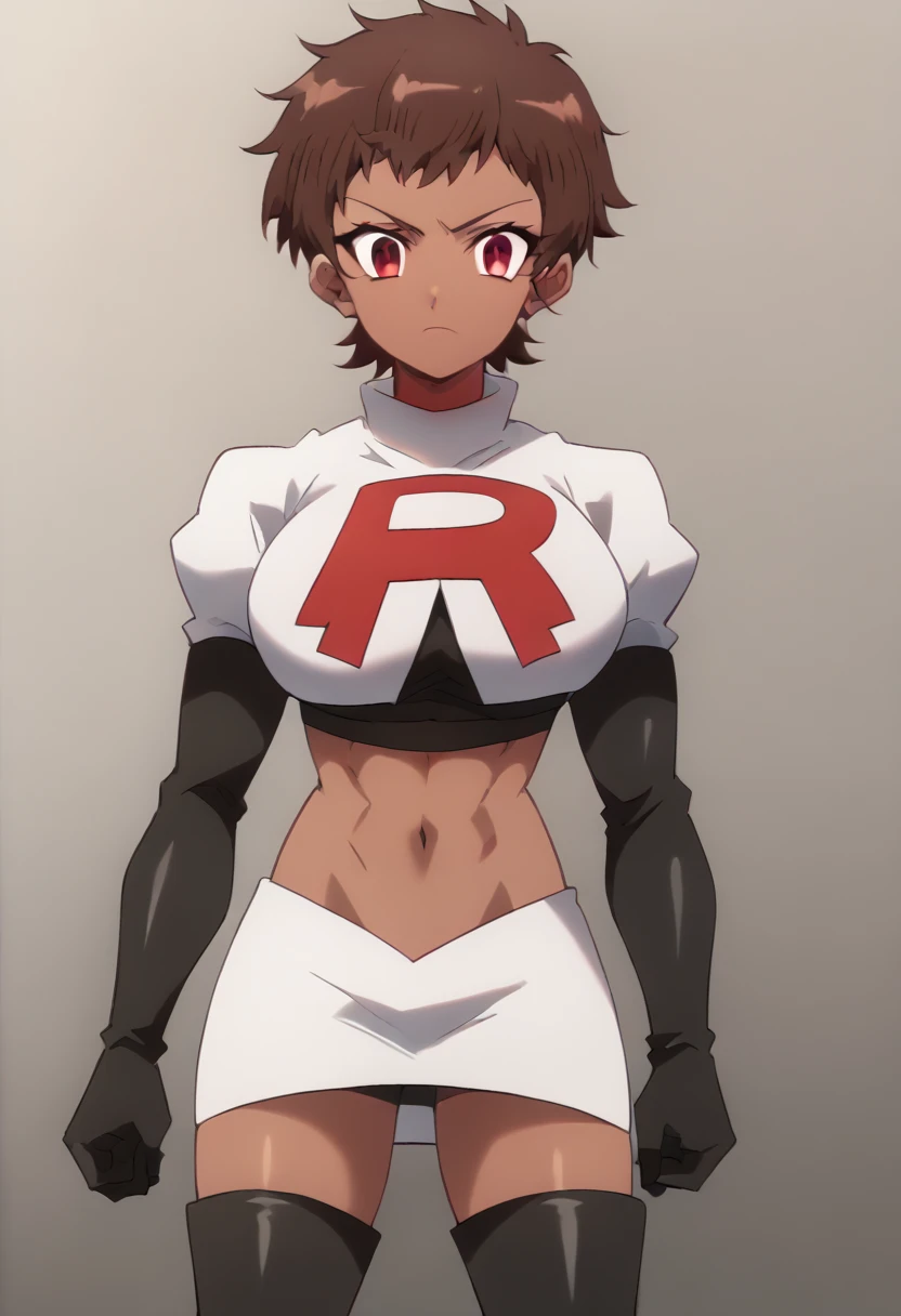 blossom, short hair, brown hair, dark-skinned female, 1girl, red eyes, solo, large breasts, muscular female, looking at viewer, team rocket,team rocket uniform,white skirt,red letter R,crop top,black thigh-highs,black elbow gloves, score_9, score_7_up,anime coloring ,source_anime, anime