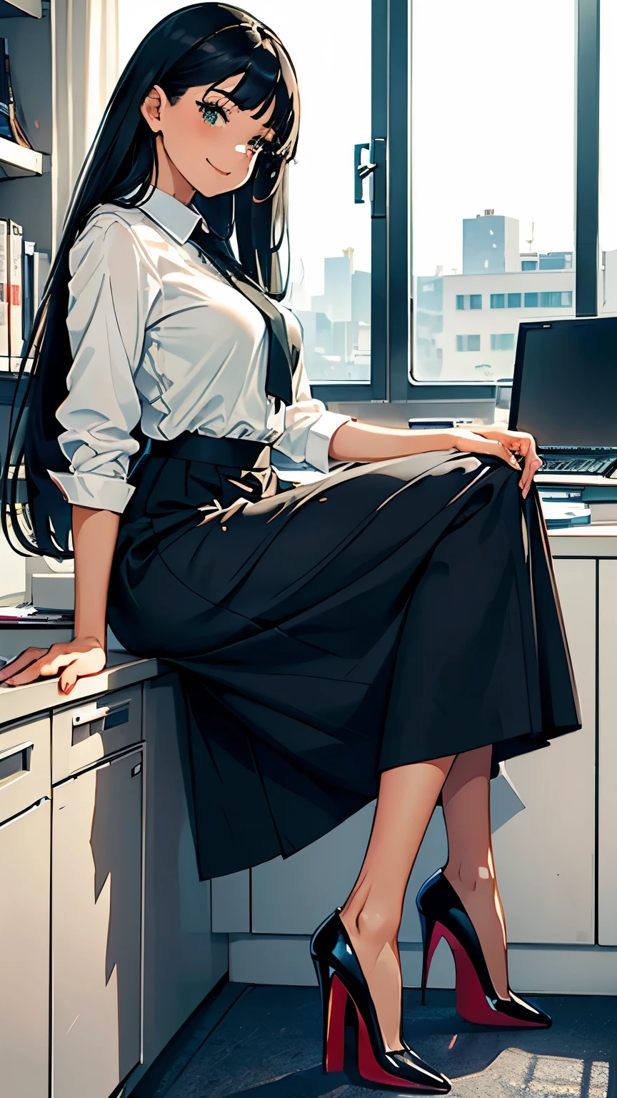 ((masterpiece, high resolution, better quality, better details)), ((Smiling)), ((one girl)) a girl speaking on the phone at a desk, full body, wearing a button-up blouse and wide-leg trousers, ((Louboutin high heels)), visible high heels, green eyes, ((black hair, long hair)), shiny skin, ((side view)), solo, from the side, full body, focus full body, business casual, surrounded by office supplies