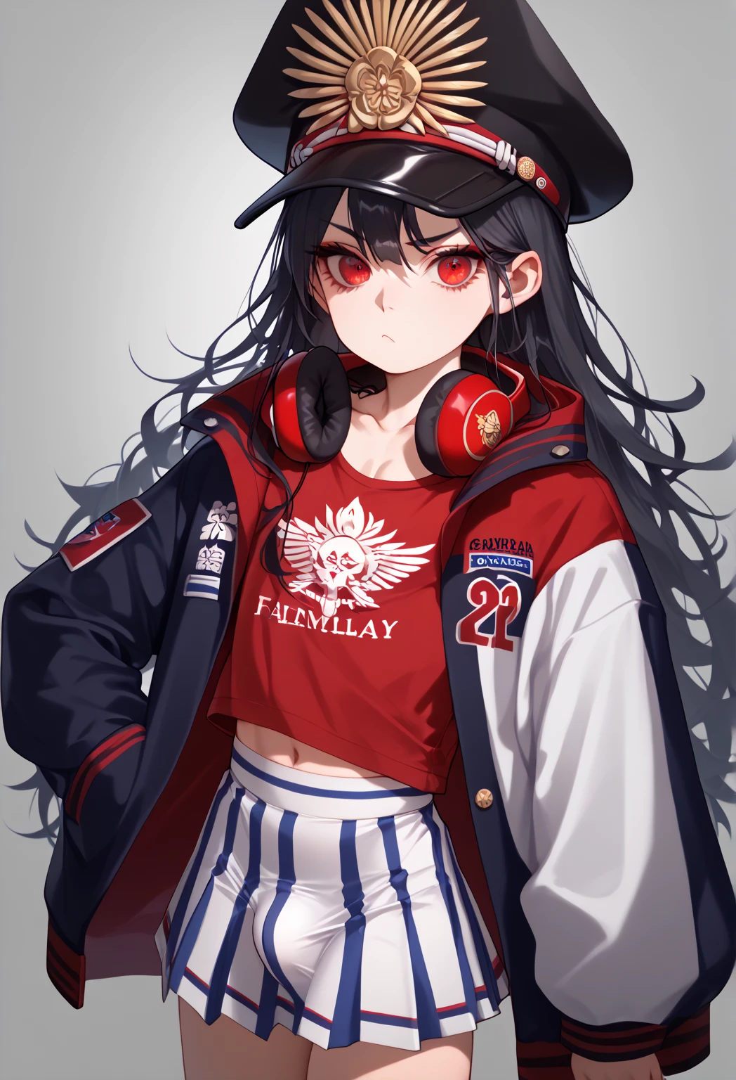 0daswim, long hair, black hair, black headwear, military hat, peaked cap, red eyes, family crest, oda uri, headphones around neck, letterman jacket, open jacket, long sleeves, red shirt, clothes writing, striped clothes, white skirt, striped skirt, collarbone, 1 boy ,Femboy , androgynous body, tight clothing, bulge, alone 