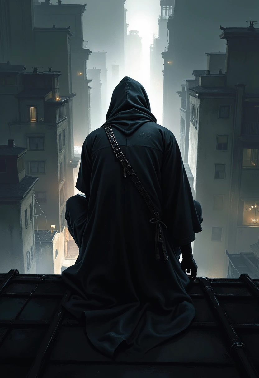 A ninja,alone,tall and thin ninja character,(wearing minimal ninja armor,hood and mask,made of cloth,sleek,reflective fabric on the armor,matte cloth for the scarf),Crouching,he is siting on on a high roof,(he looks down,he is nerves,his back reflect the sharp light,A small amount of light shines on his back,I look down him from behind,details of textures of cloth and Tatami,shading and contrast of light,ink painting,negative space,