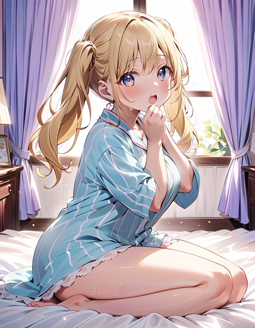 (Masterpiece, top quality, super high quality, super high detail, beautiful hair, beautiful eyes, perfect face, animated illustration),
 girl's room, pretty white based room, morning sun coming through the window, white lace curtains, not wooden room,
 blonde hair with slightly curly hair, short high twin tails up both sides, very ish face, hanging A girl with heterochromia, blue eye, green eye, very huge breasts, 145cm tall, wearing only large cute pajamas, sitting on the bed with nothing on her lower body, one eye closed, right hand over her mouth, left arm up, back turned, mouth wide open, squishy, squishy, squishy, squishy, squishy, squishy, squishy, squishy, squishy, squishy, squishy, squishy, squishy, squishy, squishy, squishy. She has open mouth, squishy effect, bare feet, thighs, sweaty, sweaty underarms, sitting upright with legs open, bottom half of body completely covered, no panties, no bra