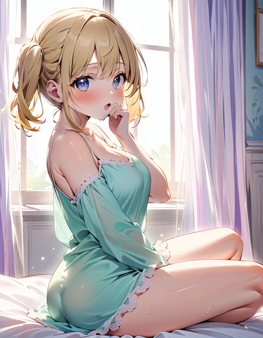 (Masterpiece, top quality, super high quality, super high detail, beautiful hair, beautiful eyes, perfect face, animated illustration),
 girl's room, pretty white based room, morning sun coming through the window, white lace curtains, not wooden room,
 blonde hair with slightly curly hair, short high twin tails up both sides, very ish face, hanging A girl with heterochromia, blue eye, green eye, very huge breasts, 145cm tall, wearing only large cute pajamas, sitting on the bed with nothing on her lower body, one eye closed, right hand over her mouth, left arm up, back turned, mouth wide open, squishy, squishy, squishy, squishy, squishy, squishy, squishy, squishy, squishy, squishy, squishy, squishy, squishy, squishy, squishy, squishy. She has open mouth, squishy effect, bare feet, thighs, sweaty, sweaty underarms, sitting upright with legs open, bottom half of body completely covered, no panties, no bra