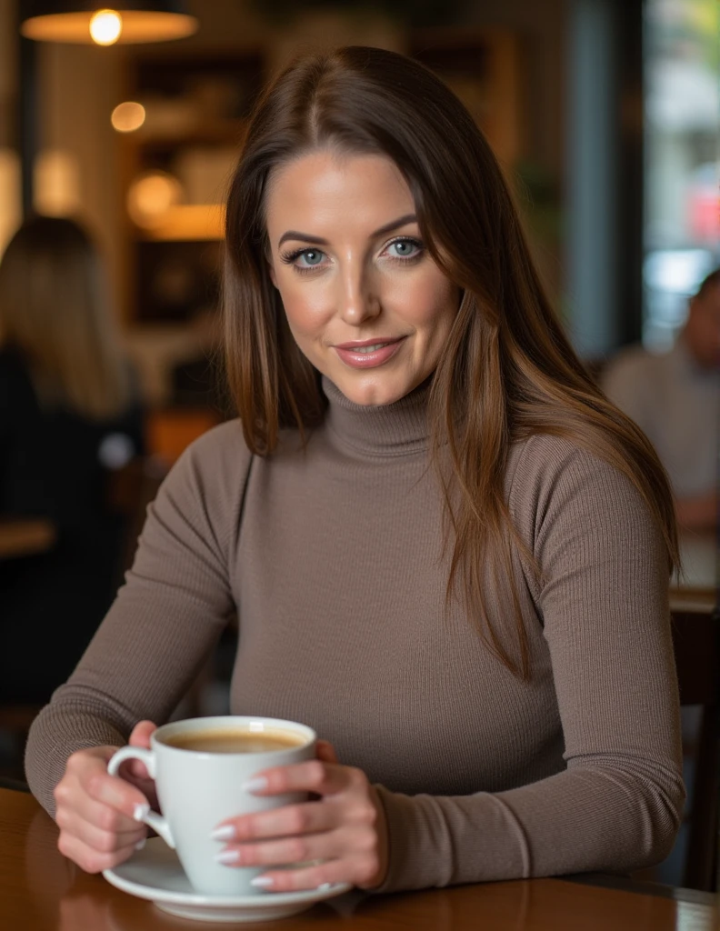 realistic photo of angelawhite, wearing a fitted turtleneck sweater dress in a cafe having a coffee, looking at viewer smiling