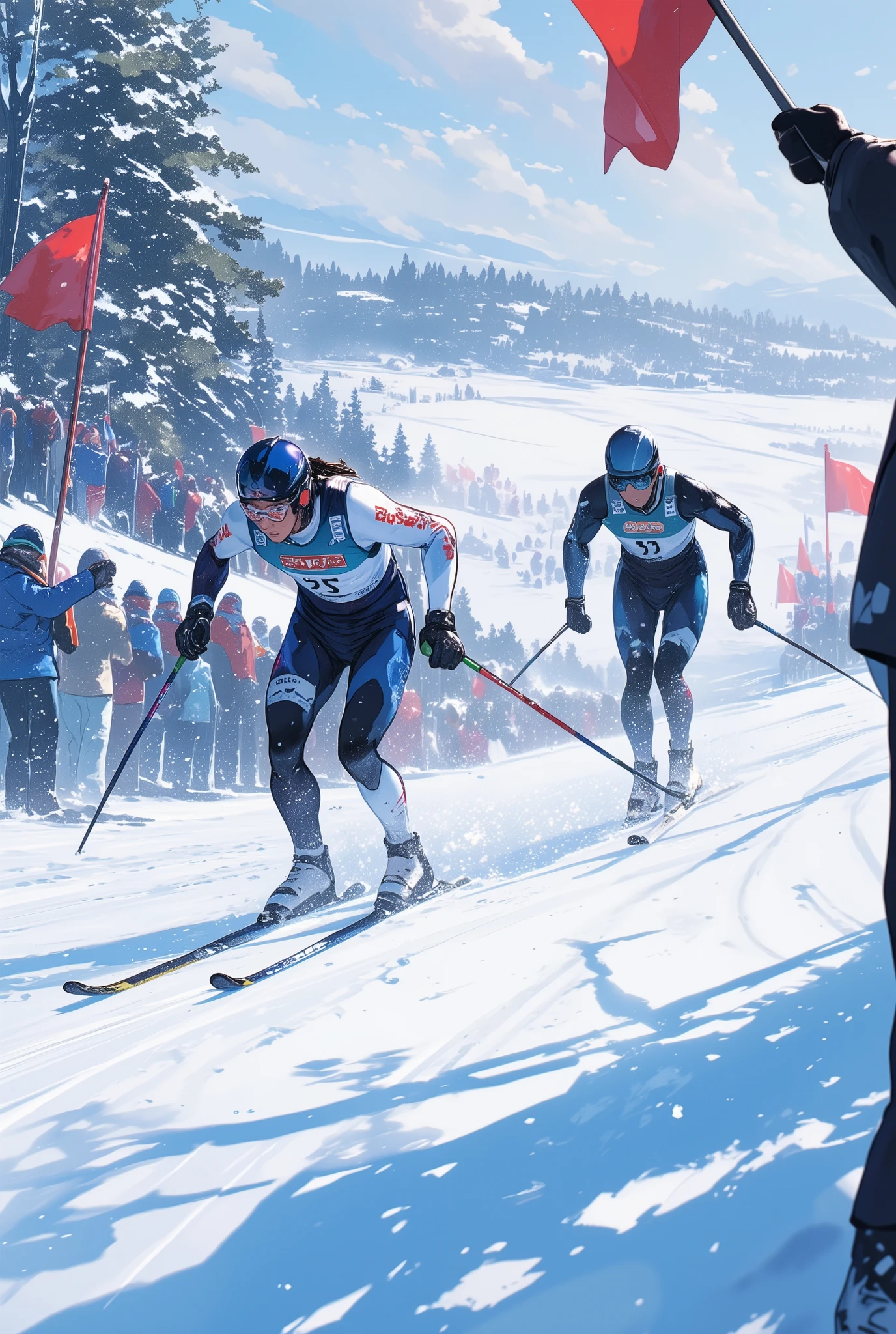 Nordic skiing,  Male Athletes Gliding on a Competition Course, Snow is falling, Athlete Snapshot ,  lots of spectators , 