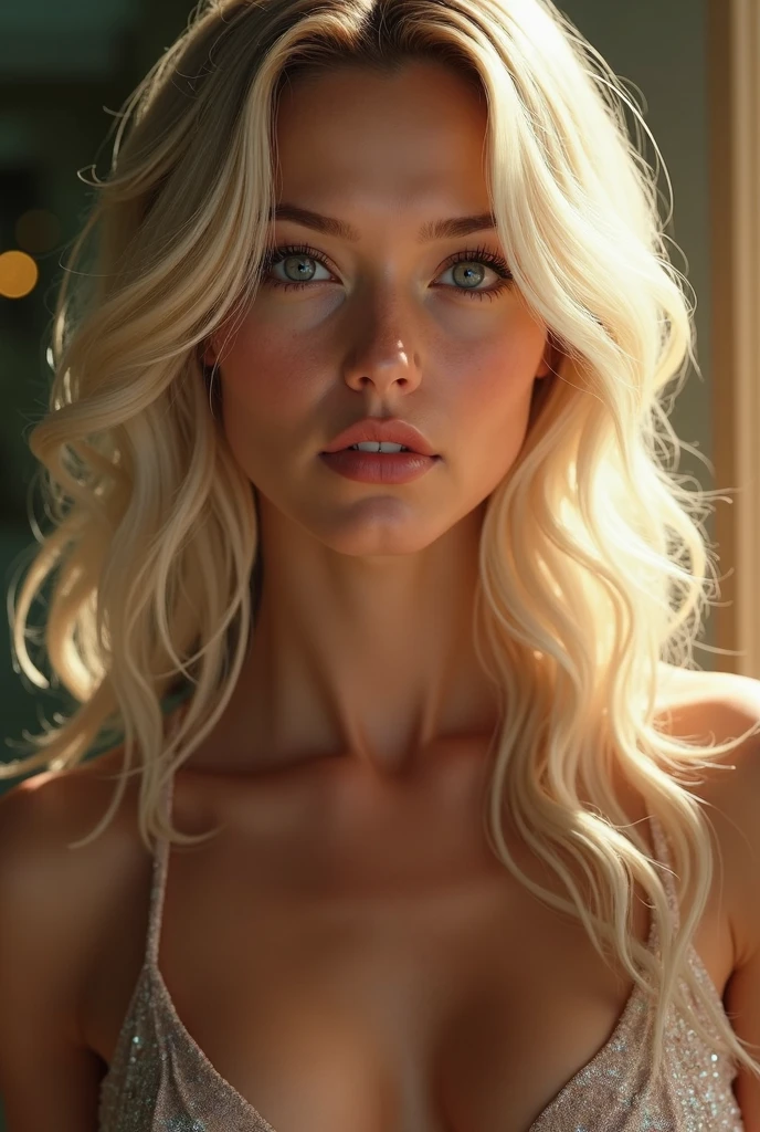 16K HD high quality image, photo realistic, ultra detailed. Very close-up, Rose Mclver, long white hair, curl, falling along one shoulder to the chest, yeux vert perçant, bright, Lightly tanned skin, robe cocktail, poitrine décolleté en v, profondeur champs, blurred background with light. rayon de lumière du soleil couchant, passing through a slatted shutter, giving a sieve effect and reflecting it on the face, hair, house