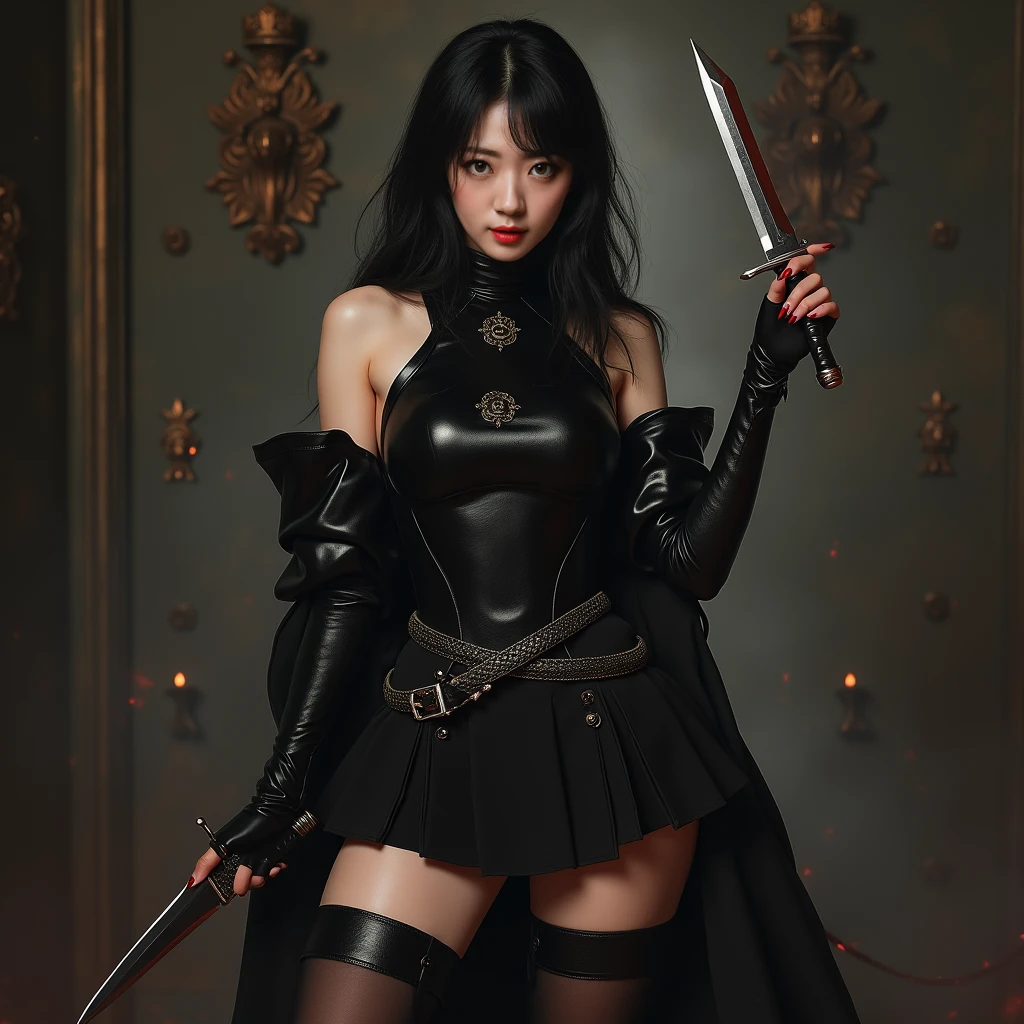 best quality}, {{masterpiece}}, {highres}, Perfect waist cut, Large breasts, Warrior girl with a small short sword on hand, Skimpy organza transparent clothes, organza elements on clothes, net clothes, leather glossy elements on clothes, dark blue hair with red highlights, (perfect nose), Seductive gaze, dark blue knee high boots on high heels with red highlights, (Best Illustration), 8k Resolution, Intricate Details, Best Quality, Realistic, Ultra Detailed, Best Lighting, Best Shadows, Ultra HD, A Necromancer style, Night, Magic, Dark Style, Vampire, (shining red eyes:1.6), masterpiece, high_res, Beautiful face, tyndall effect, photo realistic, (high detailed skin:1.2), 8k uhd, dslr, high quality, Photograph, high resolution, 4k, 8k, Bokeh, absurdres, ponytail contorted, best ratio four finger and one thumb, front view, dark blue hair gorgeous, perfect proportional skinny fitness body, full body view, wet skin, wet clothes, dark cathedral baground scenery, huge bobs, belly muscle, long fit perfect legs, fishnet dark red Stockings, realistic reflection in the water