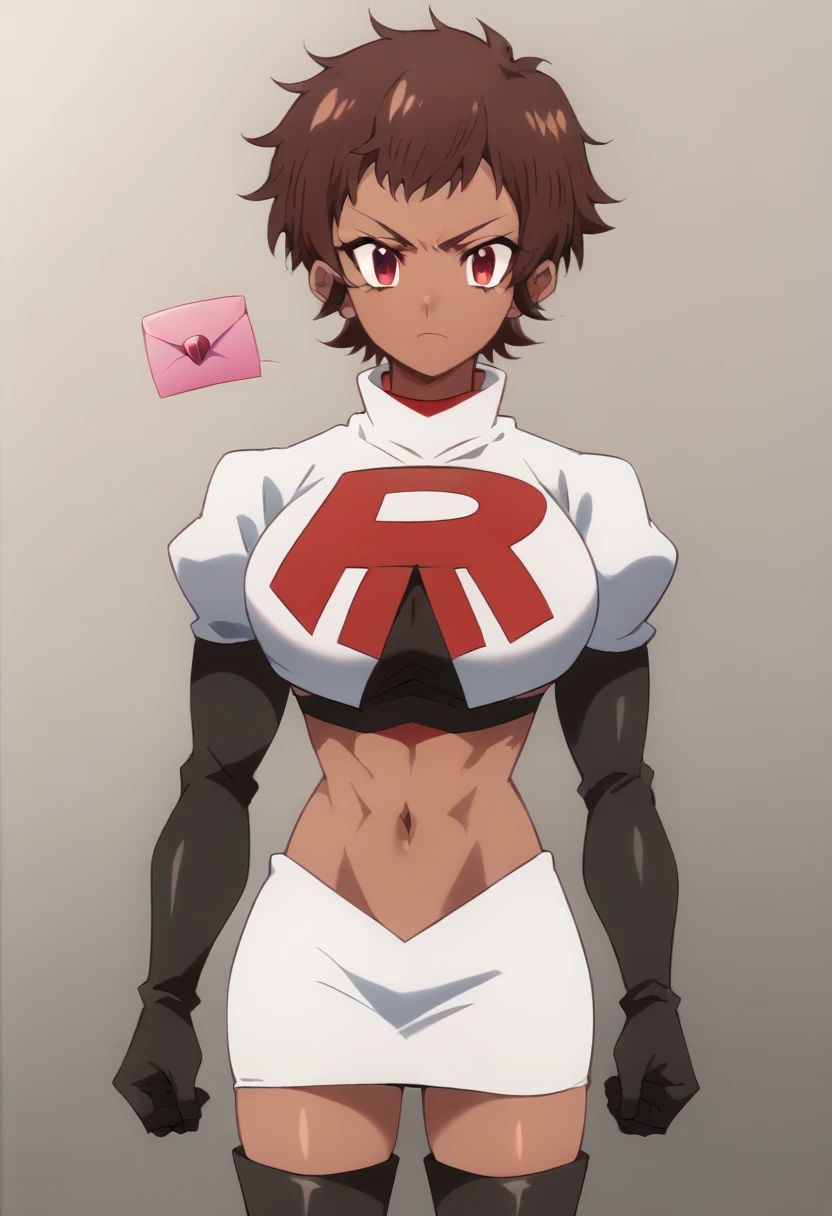 blossom, short hair, brown hair, dark-skinned female, 1girl, red eyes, solo, large breasts, muscular female, looking at viewer, team rocket,team rocket uniform,white skirt,red letter R,crop top,black thigh-highs,black elbow gloves, score_9, score_7_up,anime coloring ,source_anime, anime