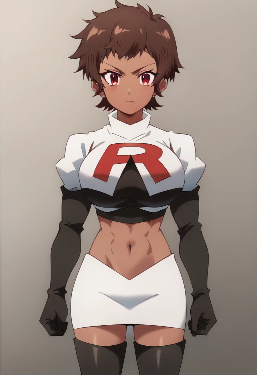 blossom, short hair, brown hair, dark-skinned female, 1girl, red eyes, solo, large breasts, muscular female, looking at viewer, team rocket,team rocket uniform,white skirt,red letter R,crop top,black thigh-highs,black elbow gloves, score_9, score_7_up,anime coloring ,source_anime, anime